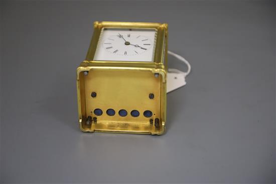 A mid 19th century French lacquered brass hour repeating carriage clock, width 3.5in. depth 3in. height 5.25in